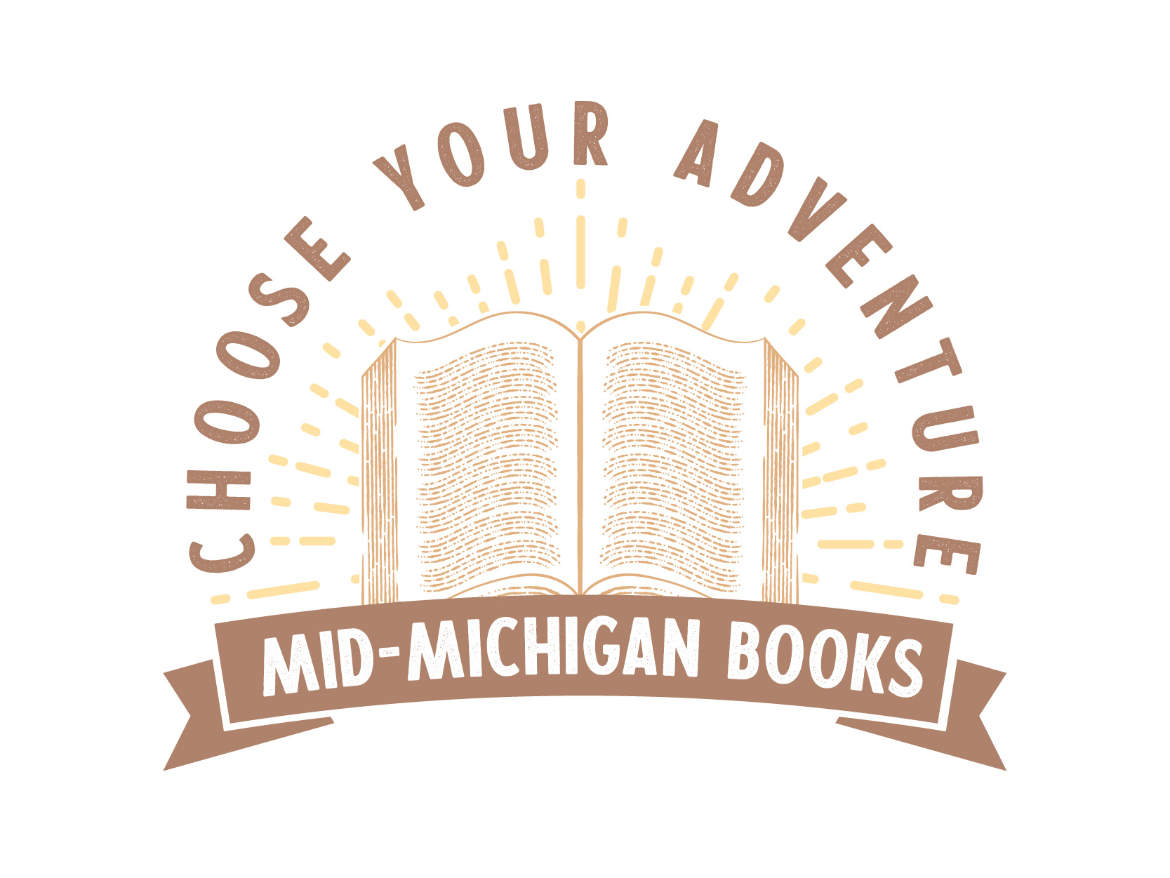 Bookstore Logo Design reads Choose Your Adventure with a vintage style engraved book illustration