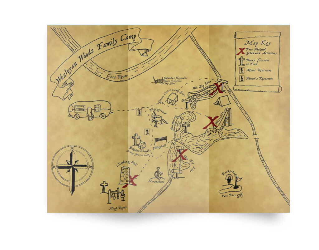 Wesleyan Woods Campground Flyer with Treasure map Theme, designed to look antique and aged, with hand drawn elements