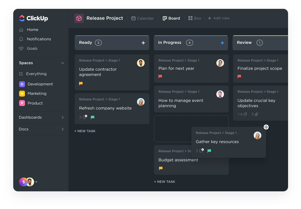 Dark Mode Click Up has Kan Ban Board views as well as other views like list, Gantt chart, workload, calendar, and more.