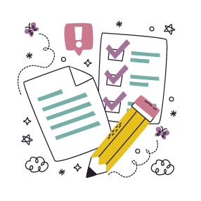 Doodle illustration of a pencil, a document, and a checklist, drawn in a whimsical style.