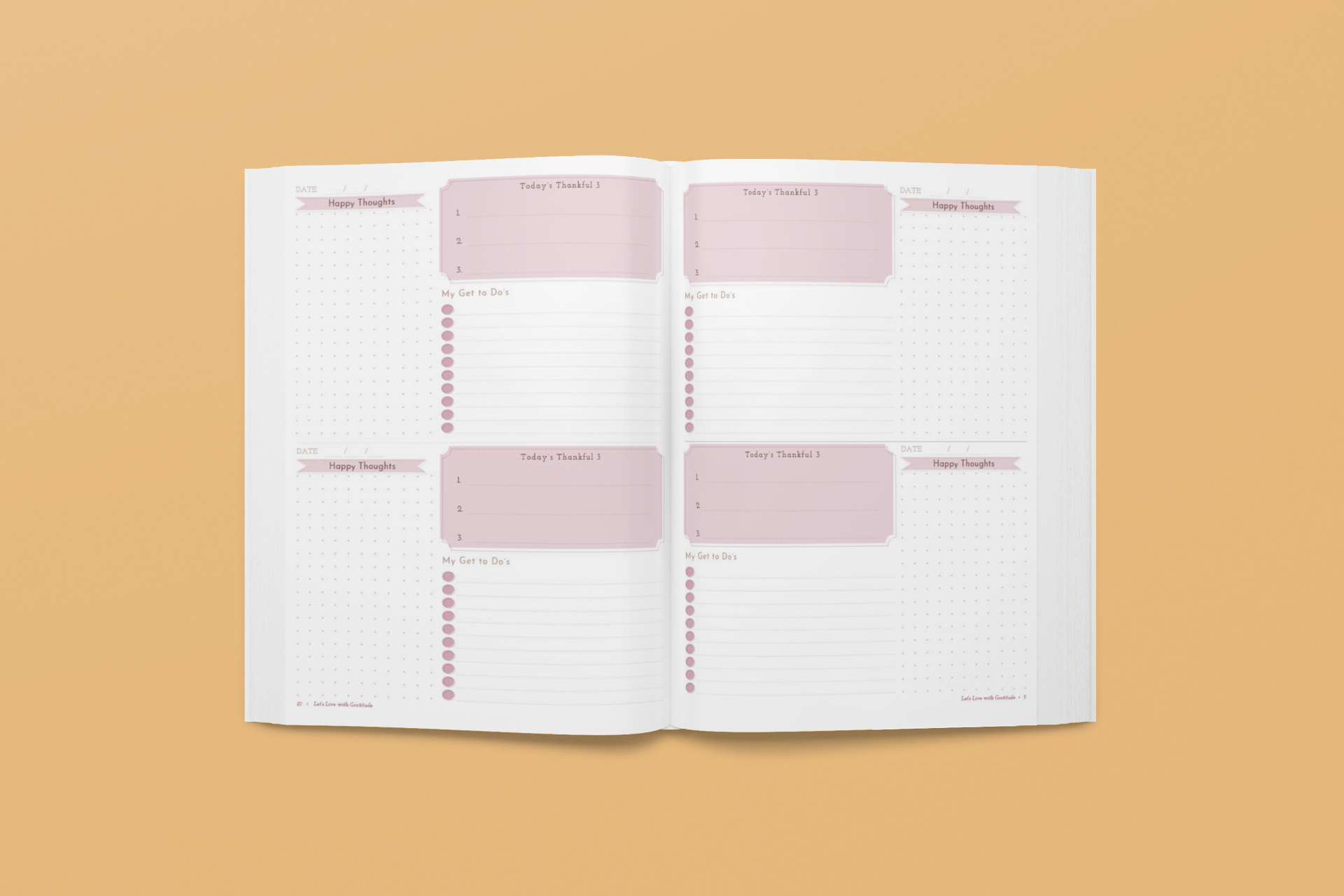 Mock up of this gratitude journal, pages open, on a solid background. 